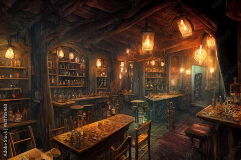 Illustrazione Stock Warm lit friendly medieval fantasy tavern inn ...