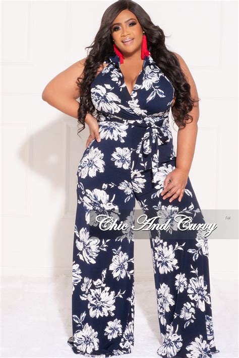 Final Sale Plus Size Faux Wrap Halter Jumpsuit With Waist Tie In Navy