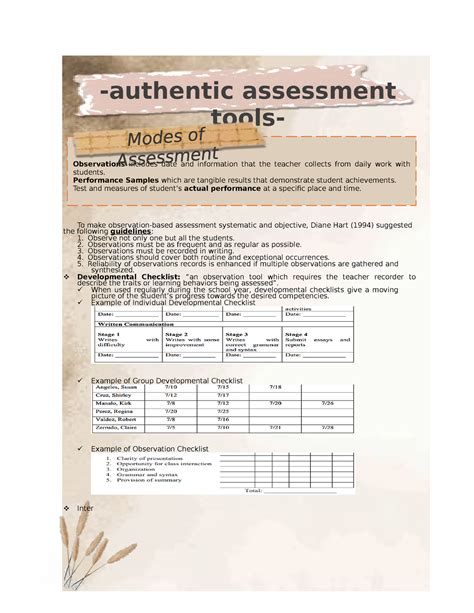 Authentic Assessment Tool Outcome Based Education Authentic Assessment Tools Observations