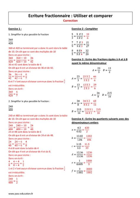 Ecriture fractionnaire Utiliser et comparer 5ème Exercices à