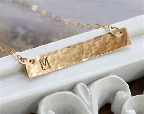 Gold Bar Necklace, Initial Necklace, Monogram, Small, Dainty, Hammered ...