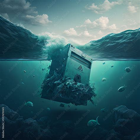 Illustration of marine debris, underwater trash in the ocean. Concept ...