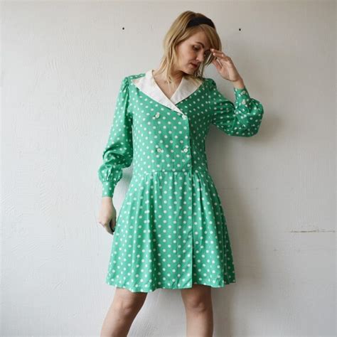 80s Emerald Green Polka Dot Dress Drop Waist Double … Gem