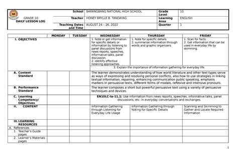 Dll Dll Grade Daily Lesson Log School Barangbang National