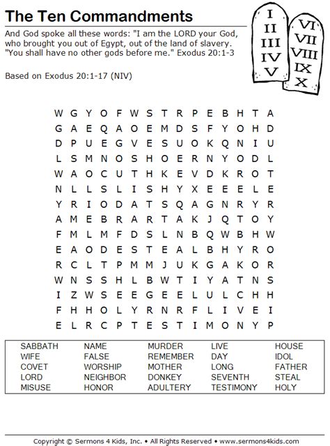 The Ten Commandments Word Search | Sermons4Kids