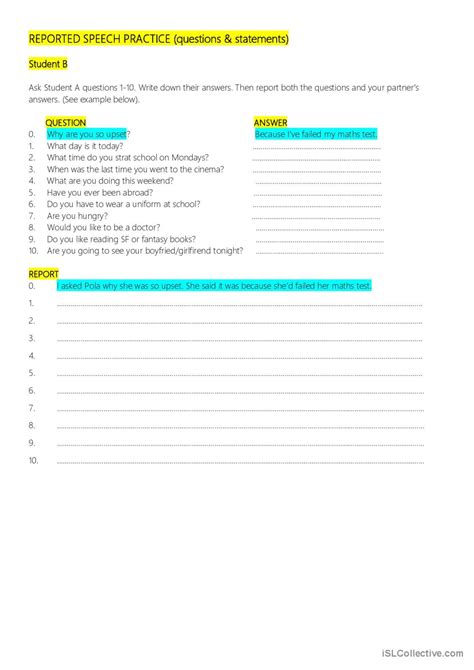 Reported Speech Practice General Gra… English Esl Worksheets Pdf And Doc