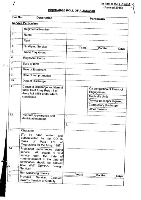 Revised Lpc Cum Data Sheet In Respect Of Jco Ors For Service Invalided Out Cases Service