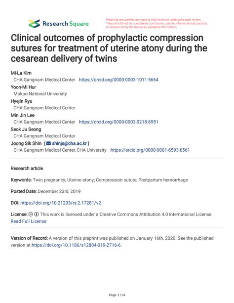 Pdf Clinical Outcomes Of Prophylactic Compression Sutures For Treatment Of Uterine Atony