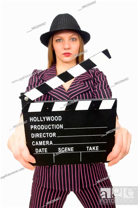 Woman With Movie Clapboard Isolated On White Stock Photo Picture And