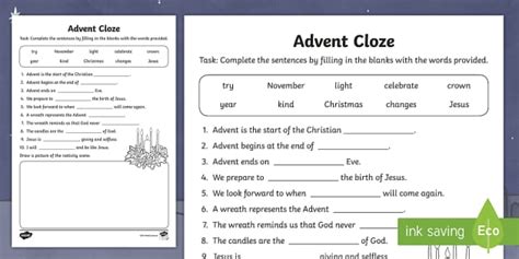 Advent Cloze Worksheet Profesor Hizo Twinkl