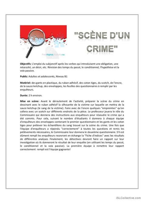 Sc Ne D Un Crime Compr Hension G N R Fran Ais Fle Fiches Pedagogiques