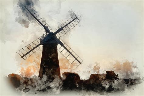 Watercolour Painting Of Windmill In Stunning Landscape On Beauti