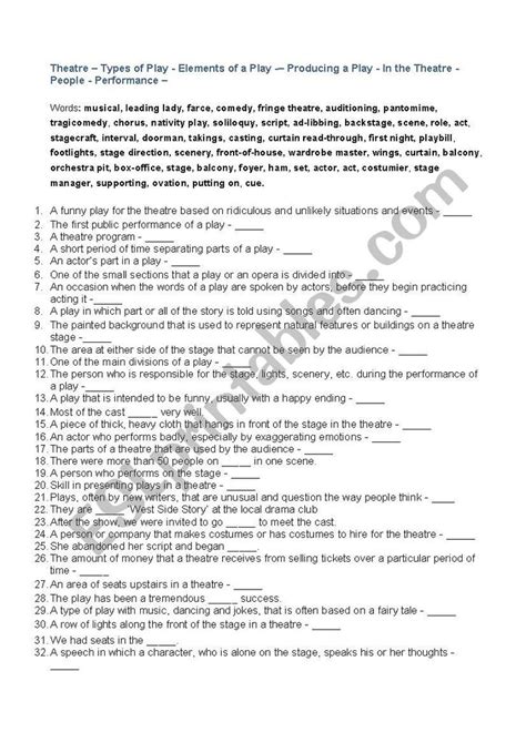 Theatre- Types of plays- Parts of a play- etc - ESL worksheet by nbcnas ...