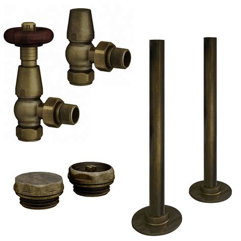 Chatsworth Traditional Thermostatic Angled Radiator Valve And Pipe Set Rustic Brass