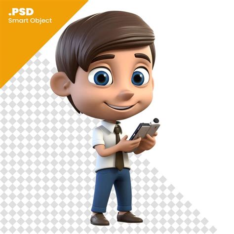 3d Rendering Eines Cartoon Jungen Mit Smartphone Isoliert Auf Weißem Hintergrund Psd Vorlage