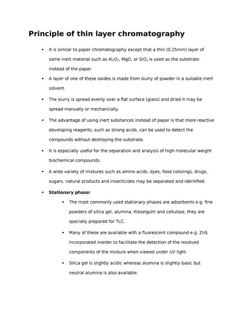 Biology Science 152 Principle Of Thin Layer Chromatography It Is Similar To Paper