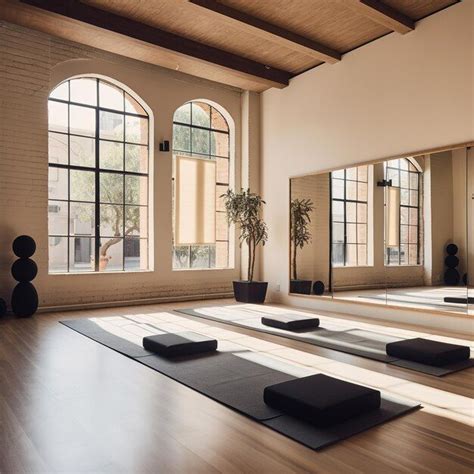 There Are Many Yoga Mats On The Floor In Front Of Two Large Windows