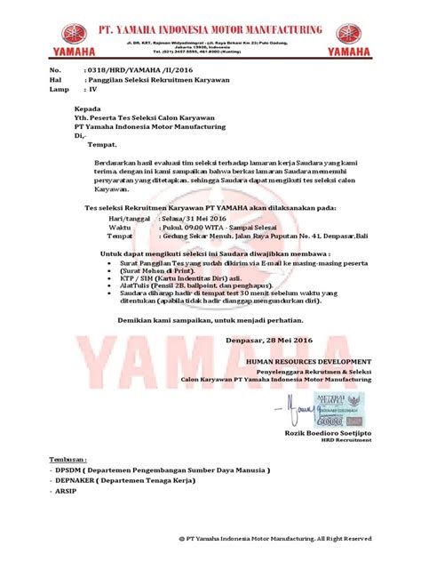 Contoh Surat Lamaran Kerja Pt Yamaha Music Manufacturing Asia Contoh Surat Resmi