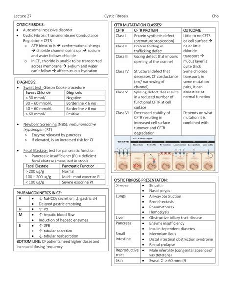 (PDF) Lecture 27 Cystic Fibrosis Cho CYSTIC FIBROSIS: … · Fecal Elastase: test for pancreatic ...