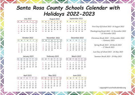 Santa Rosa County Schools Calendar with Holidays 2022-2023