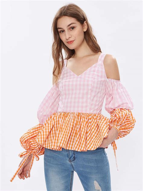 Open Shoulder Puff Sleeve Mixed Gingham Peplum Top SheIn Sheinside