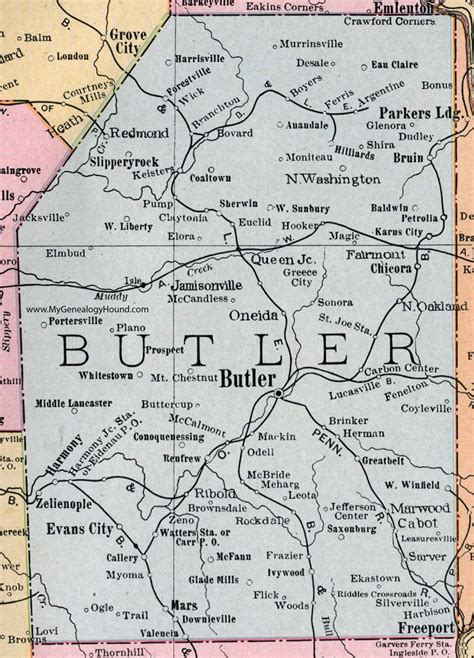 1911 Map Of Butler County Pennsylvania Oneida Zelienople Harmony