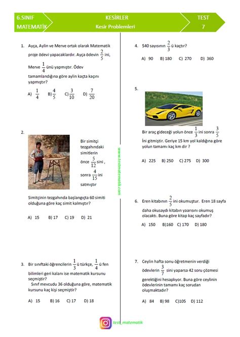 6 SINIF KESİR PROBLEMLERİ TEST Test Matematik