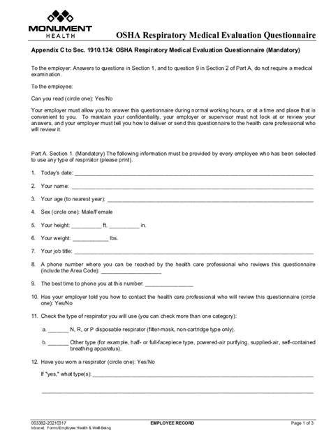 Fillable Online OSHA Respirator Medical Evaluation Questionnaire