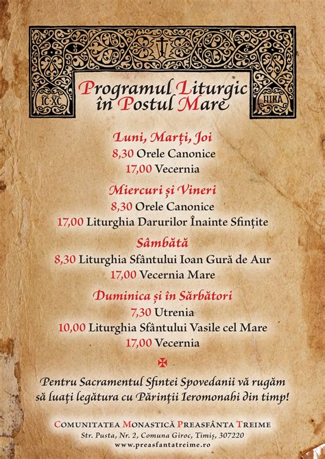 Programul Liturgic In Postul Mare Comunitatea Monastic