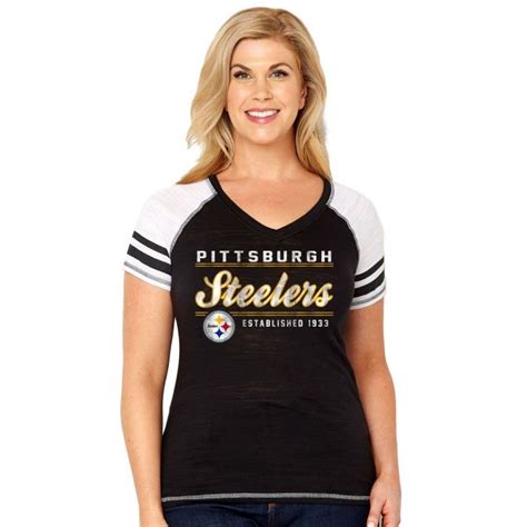 Pittsburgh Steelers Women S Plus Size Multicount Curvy V Neck T Shirt With Striped Sleeves