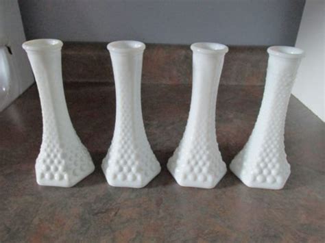 Vintage Eo Brody Pc Milk Glass Hobnail In Bud Vase Hexagon Base