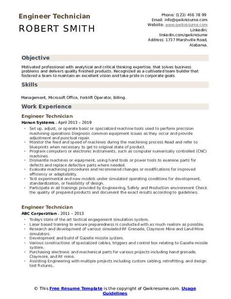 Engineer Technician Resume Samples | QwikResume