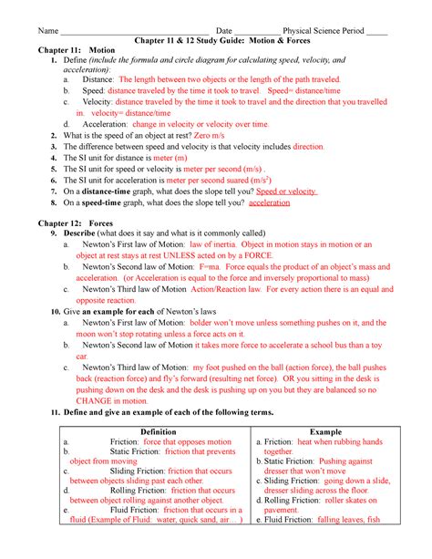 Unit 2 Motion And Forces Study Guide KEY Name