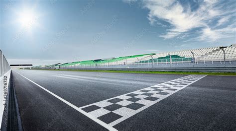 Black And White Finish Line With Dramatic View Of A Modern Race Track