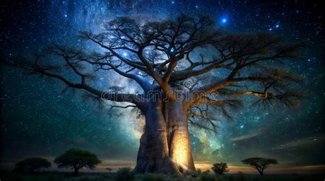 Majestic Baobab Under The Night African Starry Sky Stock Illustration