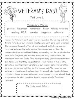 Veteran S Day Ccss Aligned Leveled Reading Passages And Activities