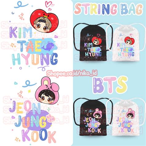 Jual String Bag Hitam Putih Kpop BTS Tas Gendong Serut Gambar Korea