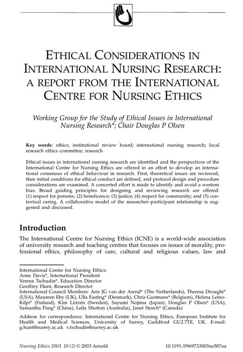 Pdf Ethical Considerations In International Nursing Research A