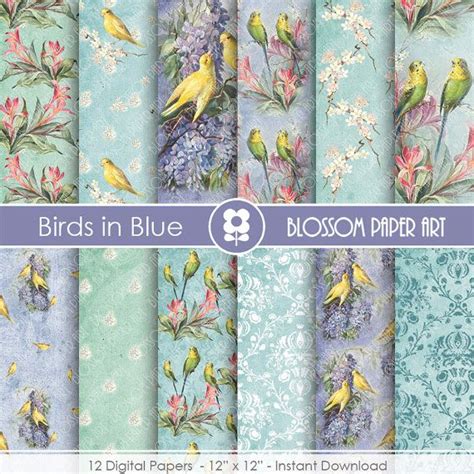 Vintage Digital Paper Blue Birds Digital Paper Pack Vintage Birds