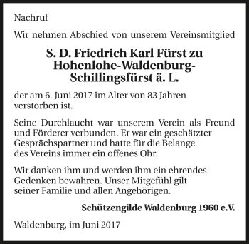 Traueranzeigen Von Friedrich Karl F Rst Zu Hohenlohe Waldenburg