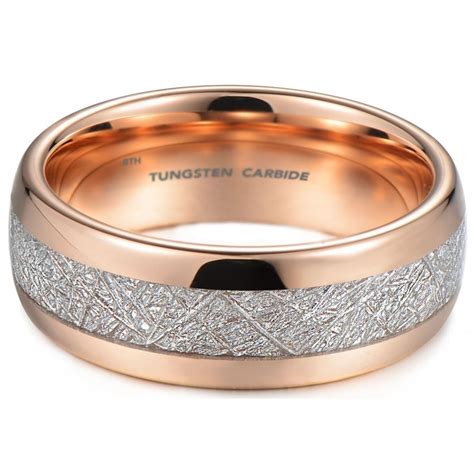 Meteorite Inlay Tungsten Carbide And Rose Gold Tone Unisex Wedding Ring