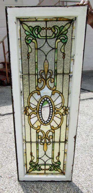 Antique Art Nouveau Transom W 41 Jewels Stained Glass Window Estate 275 Stained Glass