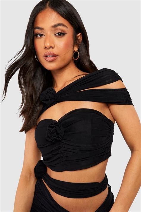 Black Petite Rose Corsage Mesh Corset Top Boohoo Uk