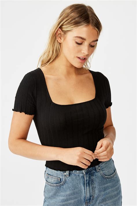 Tatum Square Neck Wide Rib Short Sleeve Top Black Cotton On T Shirts