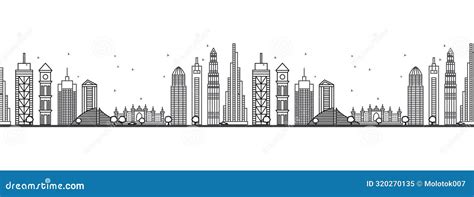 Seamless Pattern With Outline Dubai Uae Skyline Modern Buildings Line