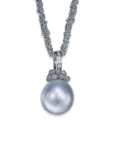 Silver Tahitian Pearl And Diamond Pendant Necklace Turgeon Raine