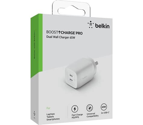 Belkin Boostcharge Pro 65w Dual Usb C Gan Wall Charger With Pps Ac Adapter White Wch013auwh