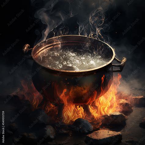 Dense Steam Above A Boiling Cauldron Magical Pot With Boiling And