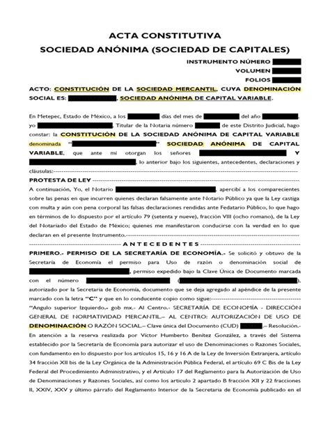 Sociedades Mercantiles Acta Constitutiva Sociedad Anónima Capital Variable Descargar