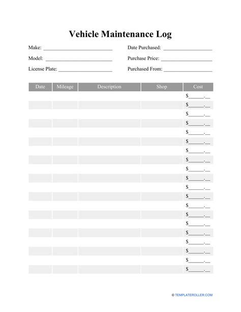 Vehicle Maintenance Log Template Download Printable Pdf Templateroller